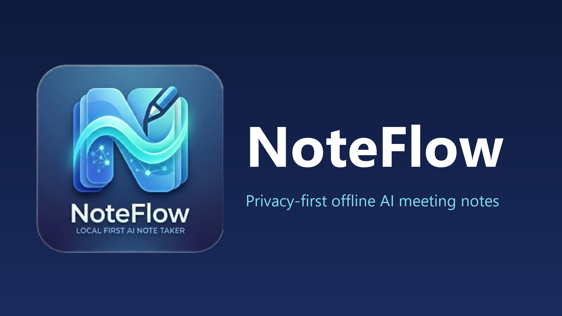 NoteFlow app interface showing AI-enhanced meeting notes, transcription, and notebook features